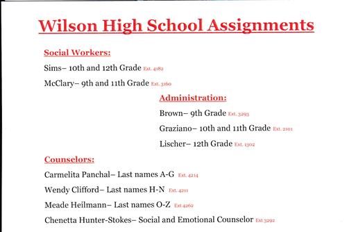 Wilson High School Social Worker, Counselor, Administration List